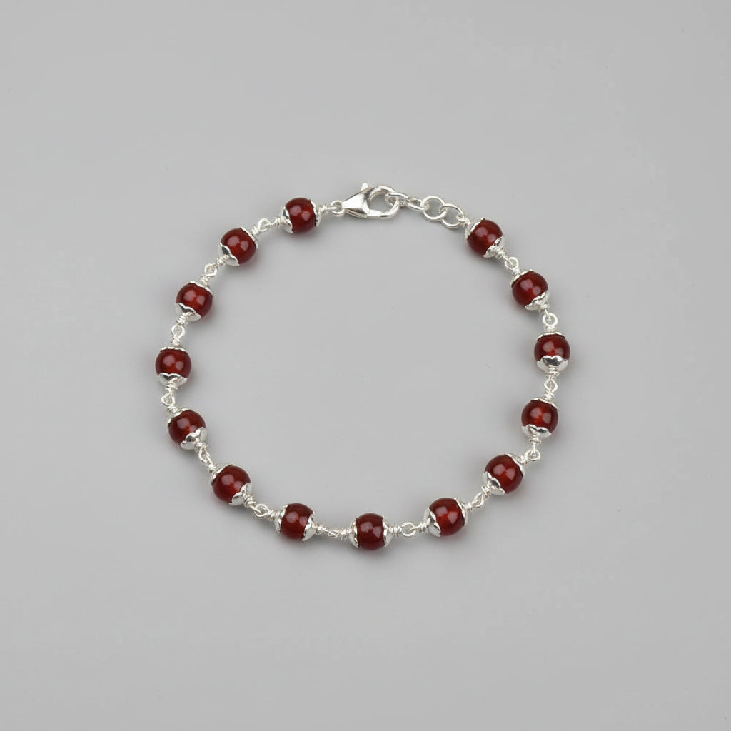 Red Carnelian 925 Silver Flower Caps Bracelet-8 mm