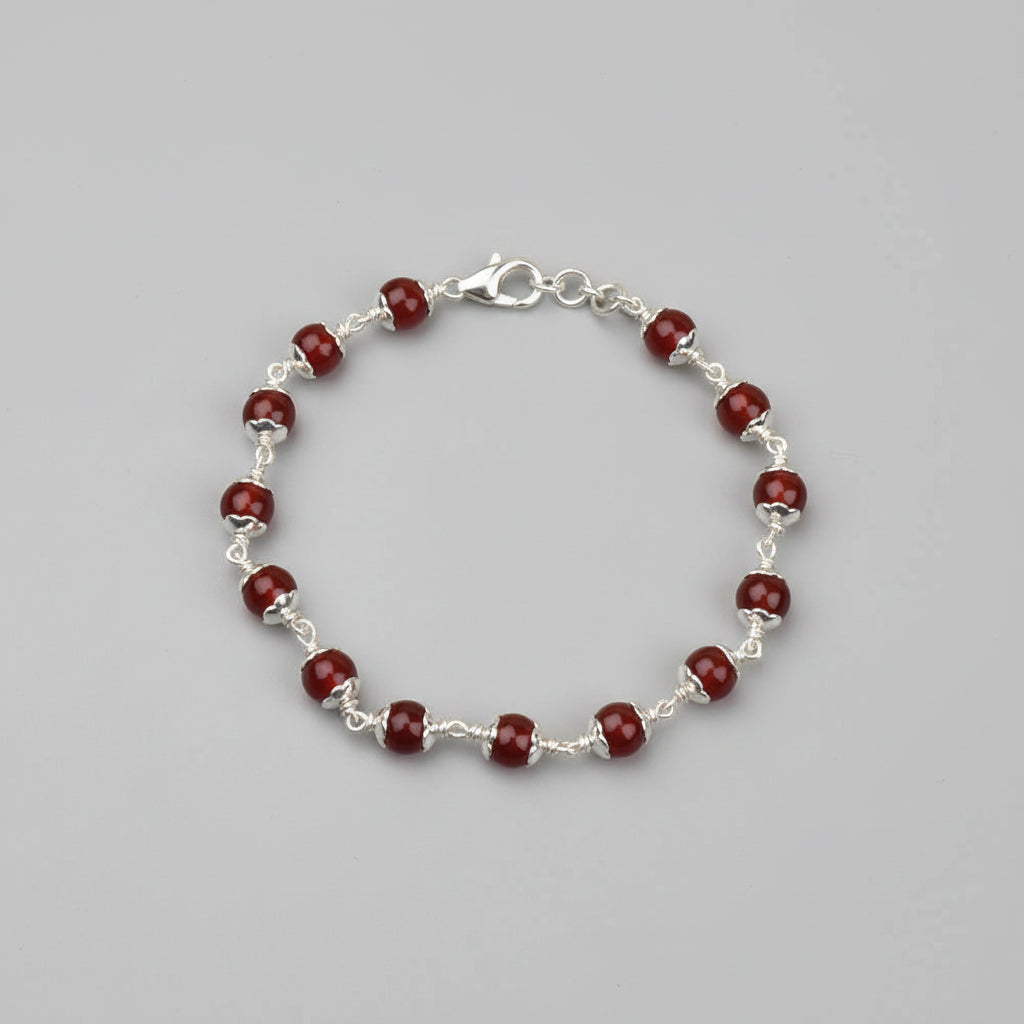 Red Carnelian 925 Silver Flower Caps Bracelet-6 mm