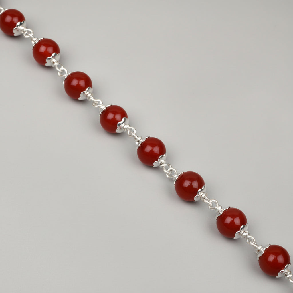 Red Carnelian 925 Silver Flower Caps Bracelet-8 mm