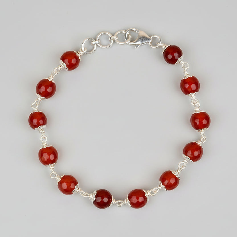 Red Carnelian Faceted 925 Silver Flower Caps Bracelet-8 mm