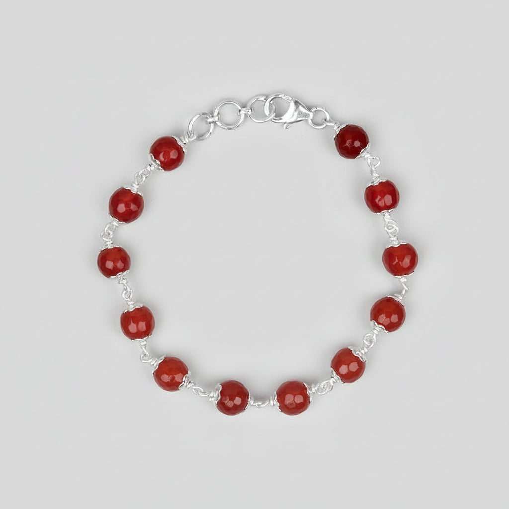 Red Carnelian Faceted 925 Silver Flower Caps Bracelet-6 mm