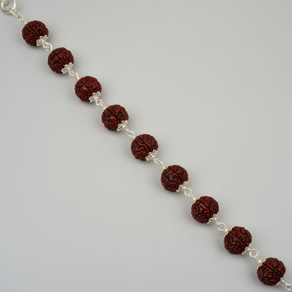 Red Carnelian Faceted 925 Silver Flower Caps Bracelet-8 mm