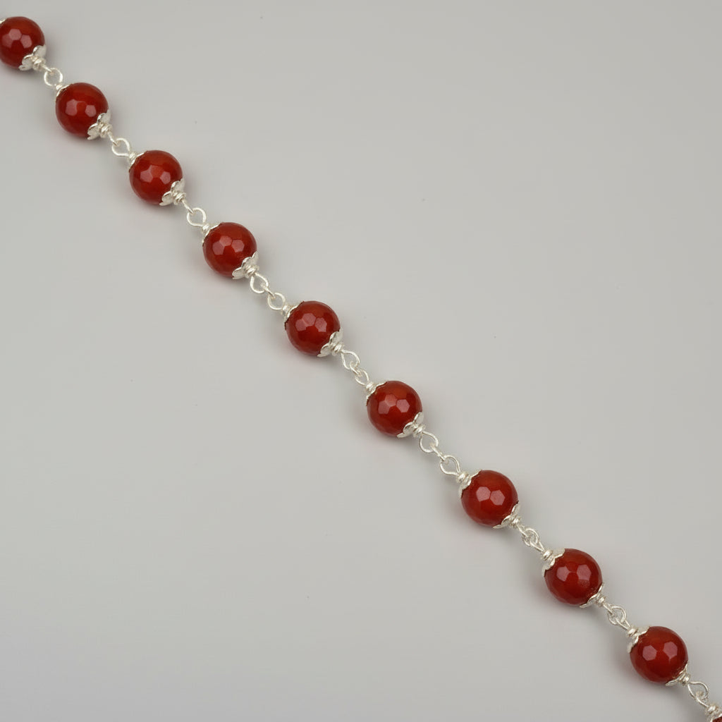 Red Carnelian Faceted 925 Silver Flower Caps Bracelet-6 mm