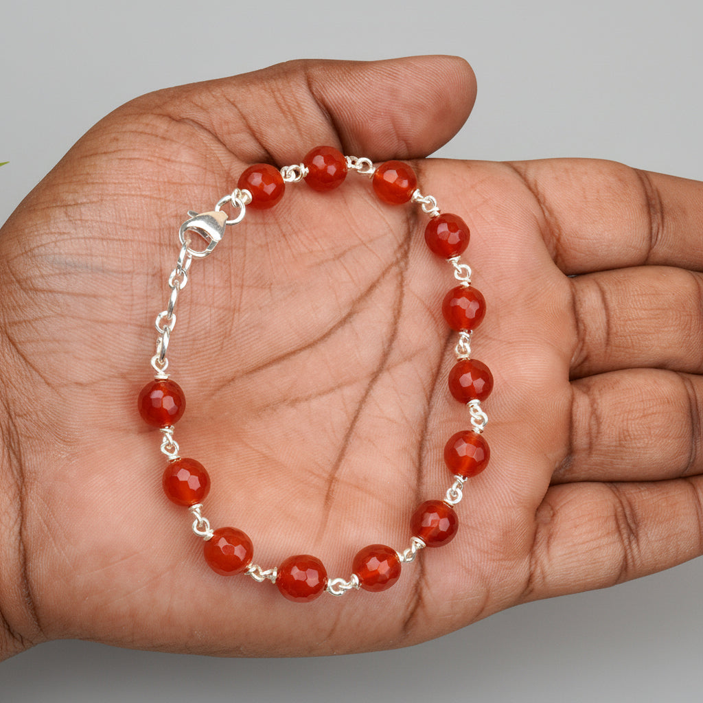 Red Carnelian Faceted 925 Silver Wire Bracelet-6 mm