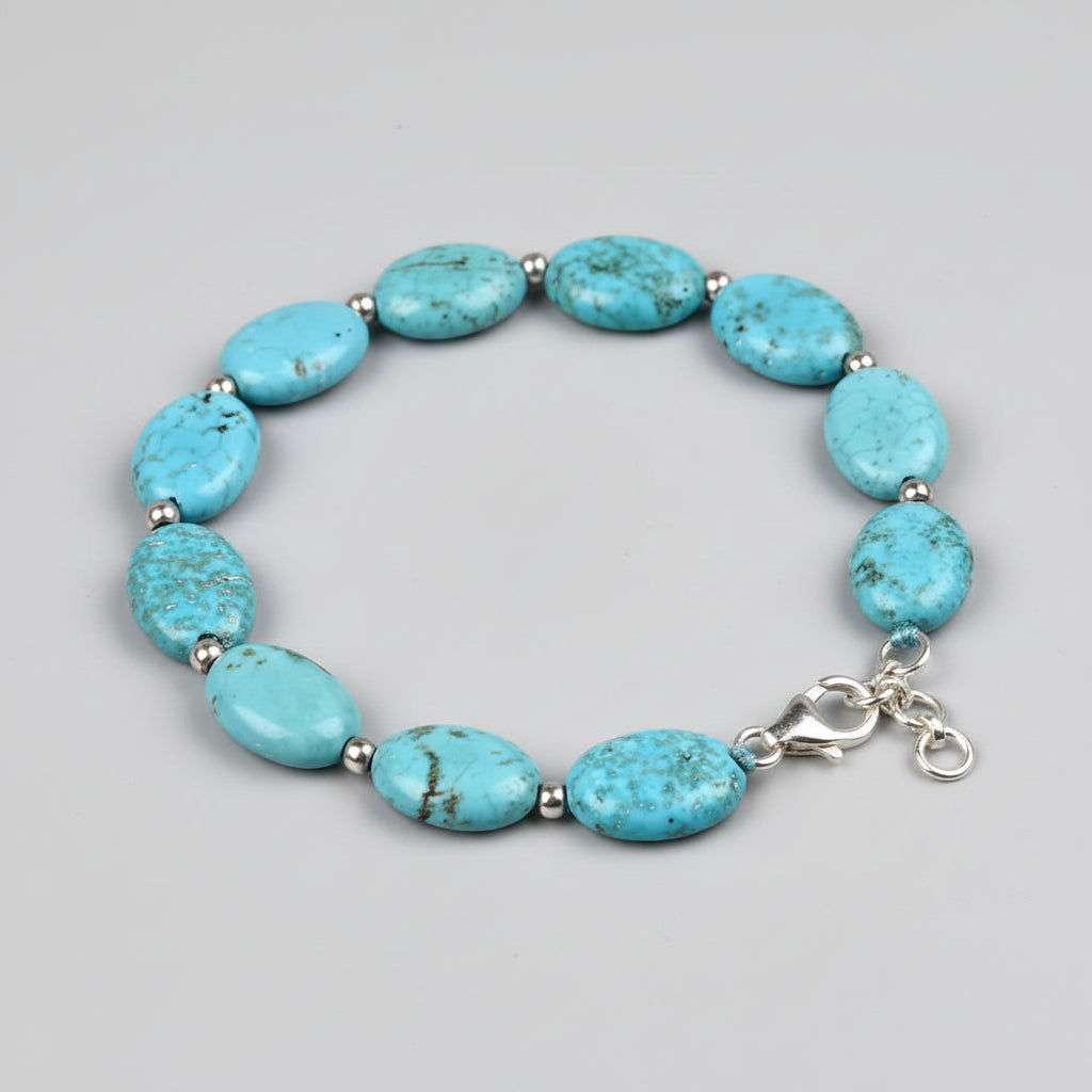 Turquoise Flat Oval 925 Silver Balls Bracelet