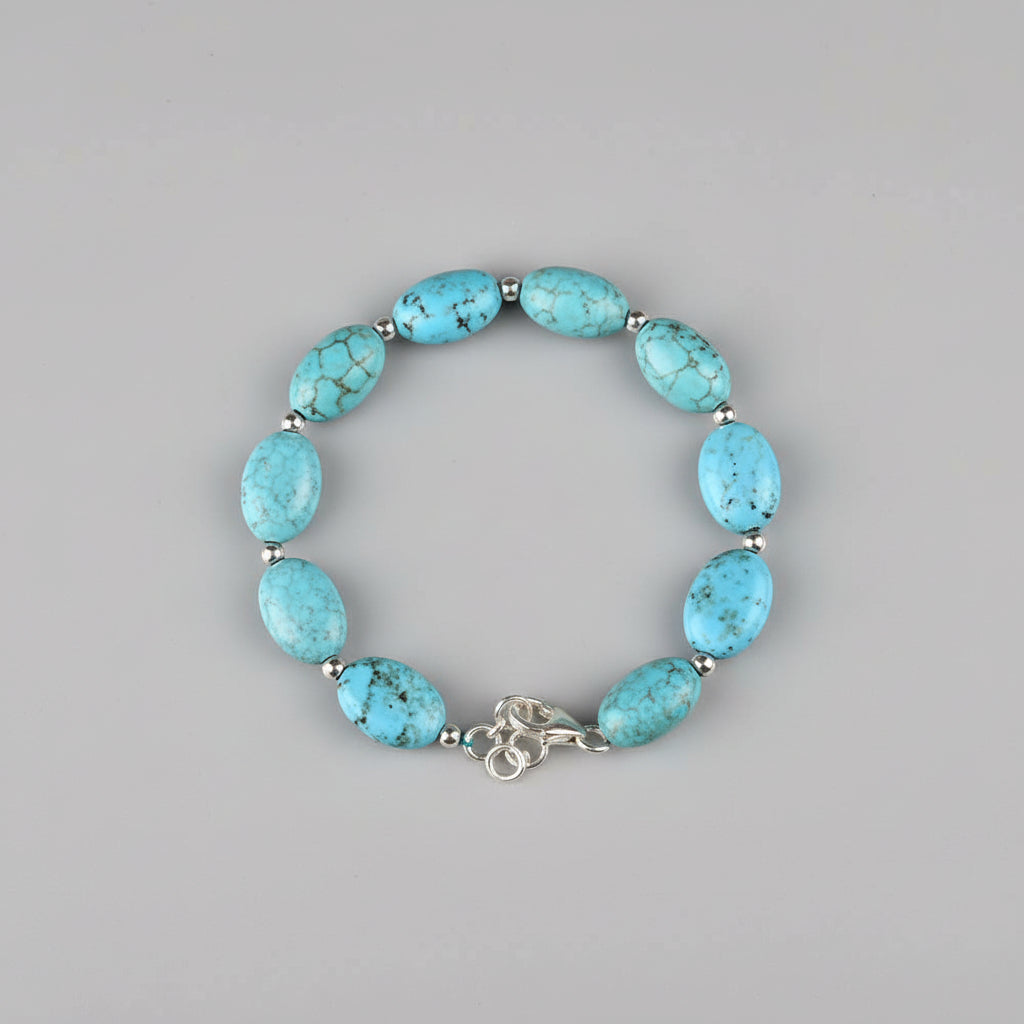 Turquoise Flat Oval 925 Silver Balls Bracelet