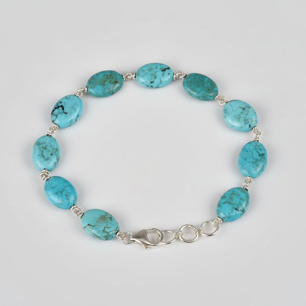 Turquoise Flat Oval Beads 925 Silver Wire Bracelet