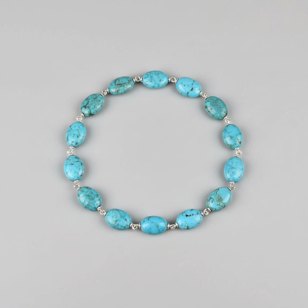 Turquoise Flat Oval Beads 925 Silver Wire Bracelet