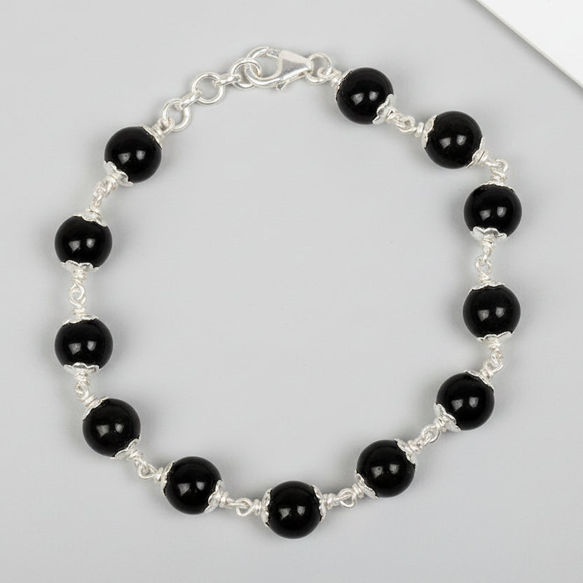 Black Obsidian 925 Silver Flower Caps Bracelet
