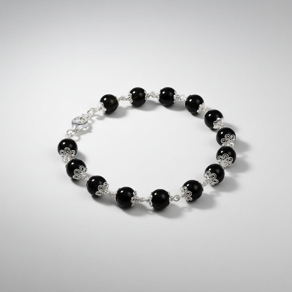 Black Obsidian 925 Silver Flower Caps Bracelet