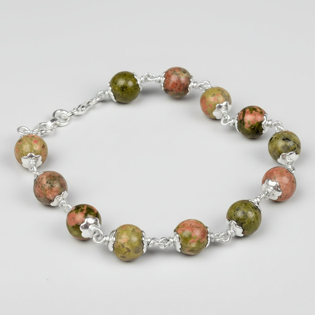 Unakite 925 Silver Flower Caps Bracelet