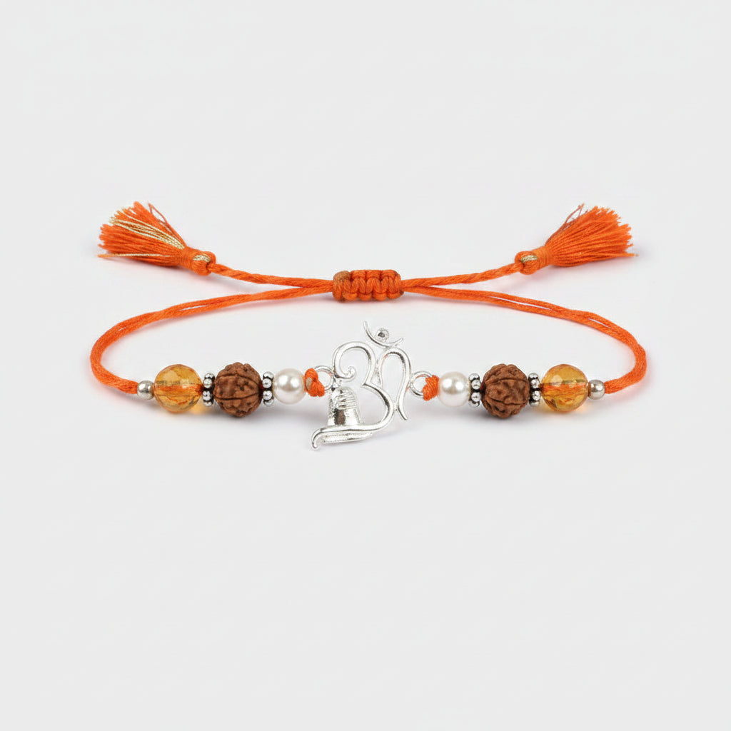 Om Rakhi With Citrine and Pearl beads