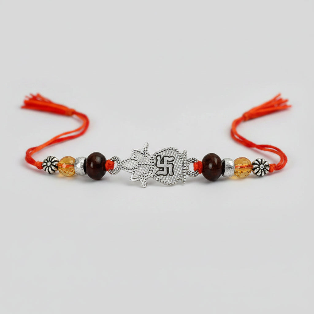 Citrine and Red Sandal beads Rakhi with pure silver accessories in thread