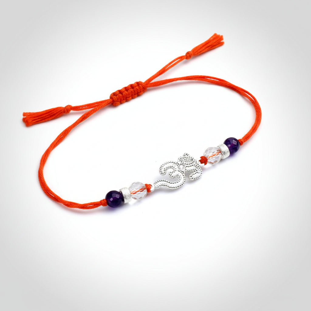 Sphatik and Amethyst beads Rakhi with pure silver accessories in thread