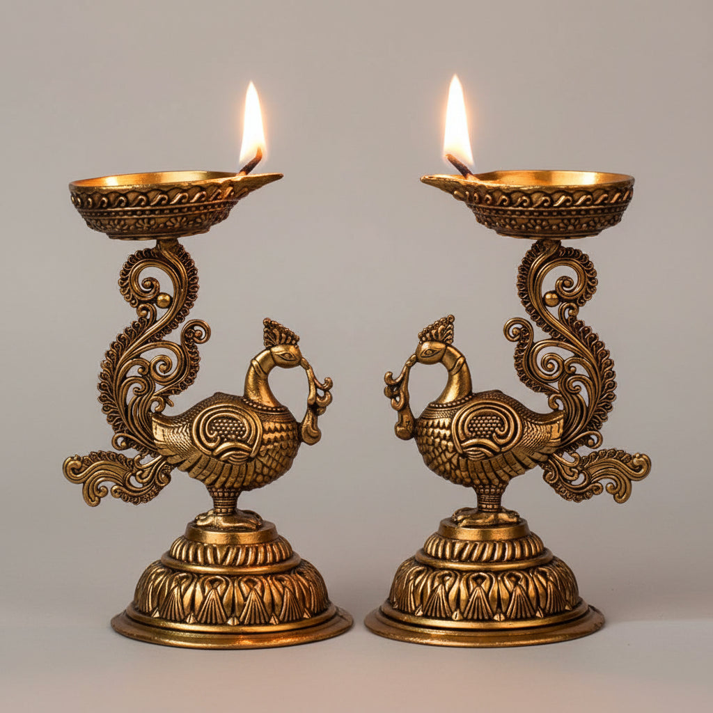 Ashtadhatu Peacock Standing Diya Set Of 2