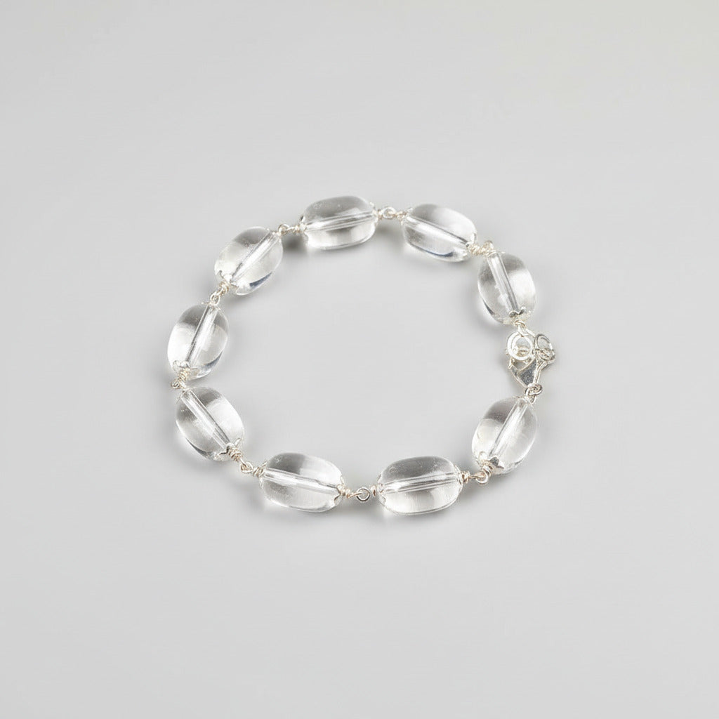 Drum Shaped Sphatik Bracelet With Silver Caps & Hook