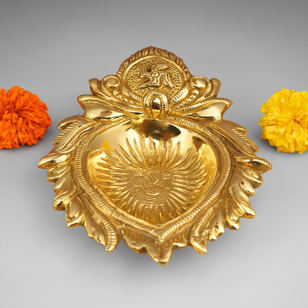 Brass OM Swastik Leaf Shape Akhand Diya
