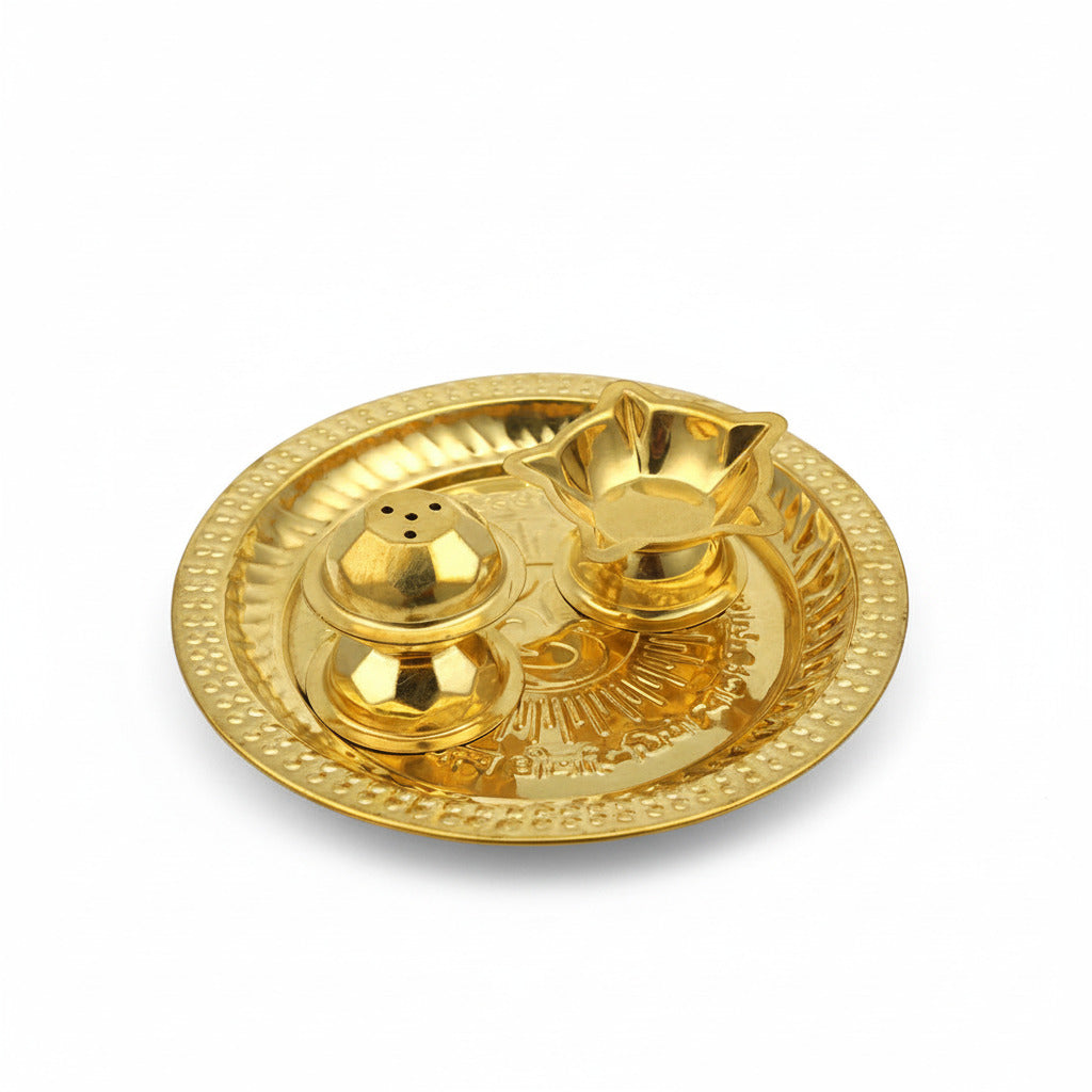 Sacred Gayatri Mantra Brass Puja Thali with Panch Aarti Diya & Incense Stand