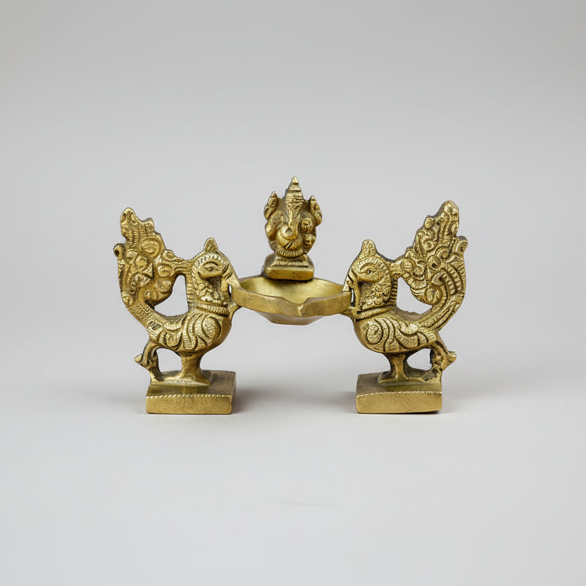 Brass Twin Peacock Ganesh Diya