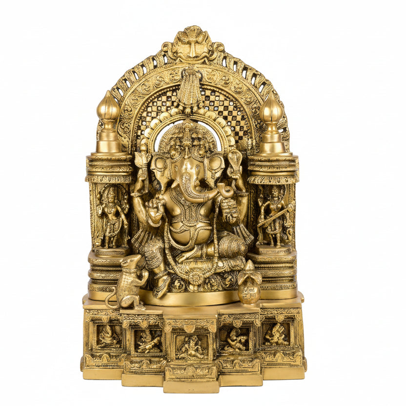 Exquisite Riddhi Siddhi Ganesh with Prabhavali Throne Arch Brass Idol