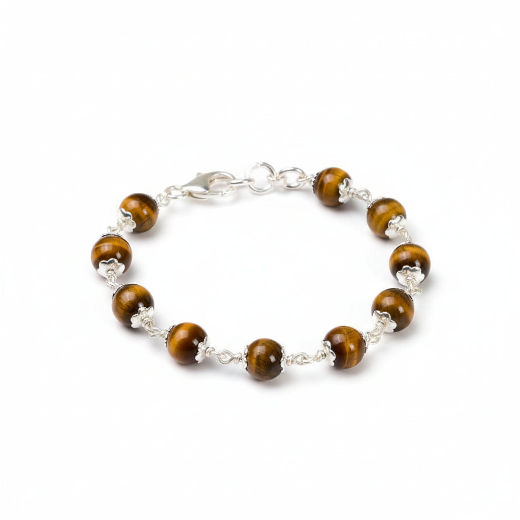 Tiger Eye 925 Silver Flower Caps Bracelet-8 mm