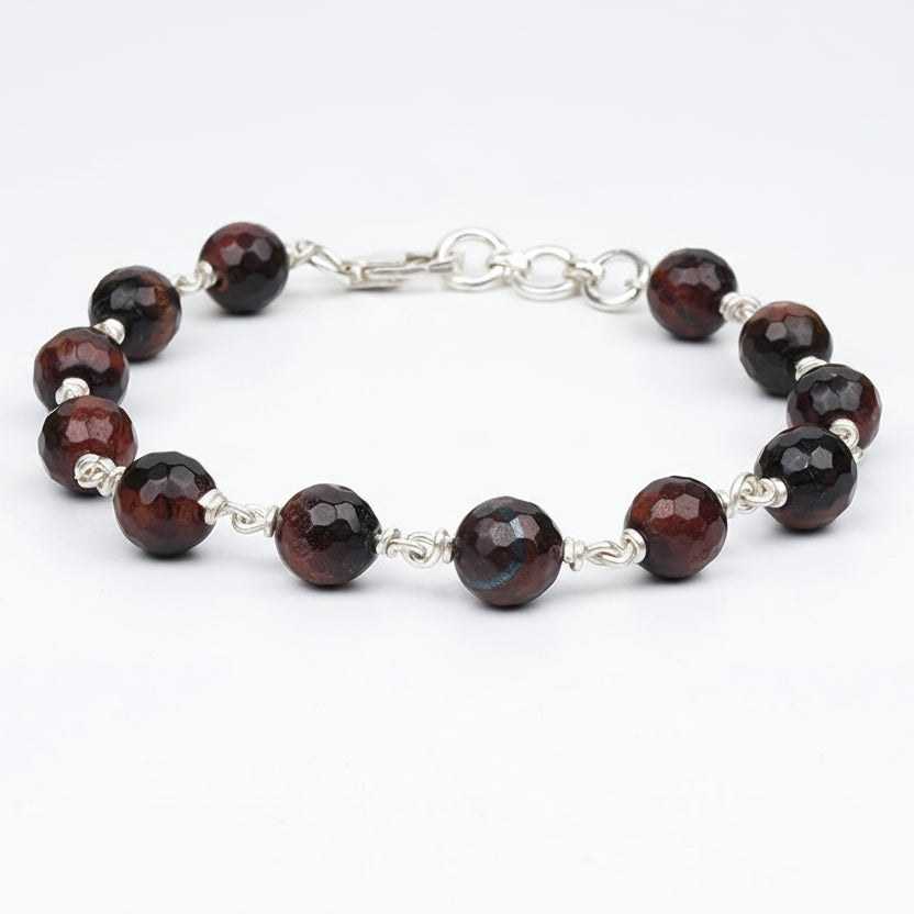 Red Tiger Eye Faceted 925 Silver Wire Bracelet-8 mm