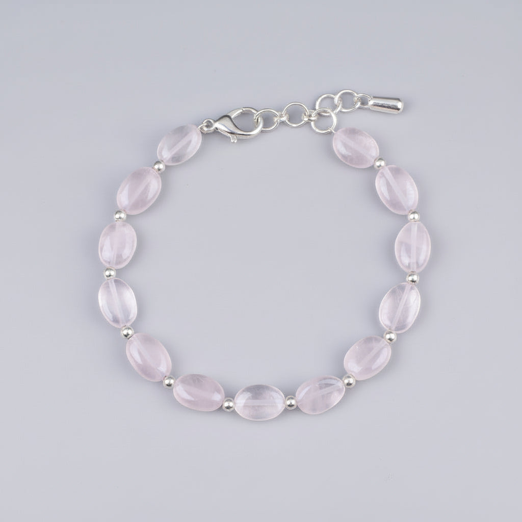 Rose Quartz Flat Oval German Silver Balls Bracelet-8 mm