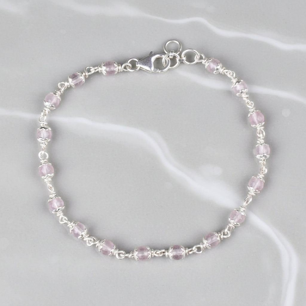 Rose Quartz 925 Silver Flower Caps Bracelet-8 mm