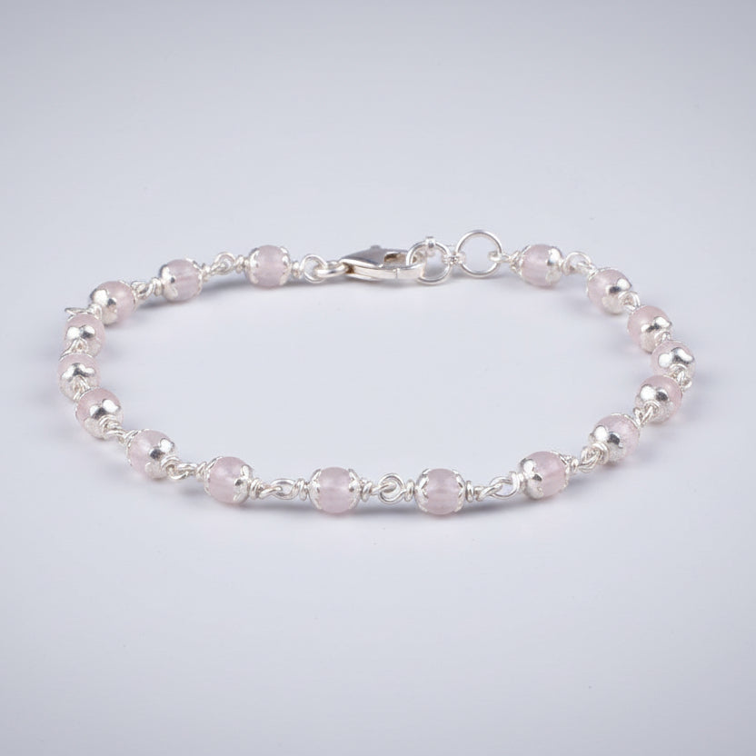 Rose Quartz 925 Silver Flower Caps Bracelet-8 mm