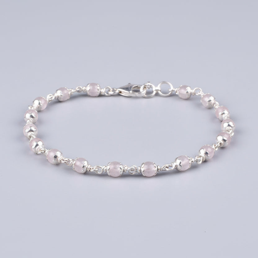 Rose Quartz 925 Silver Flower Caps Bracelet-6 mm