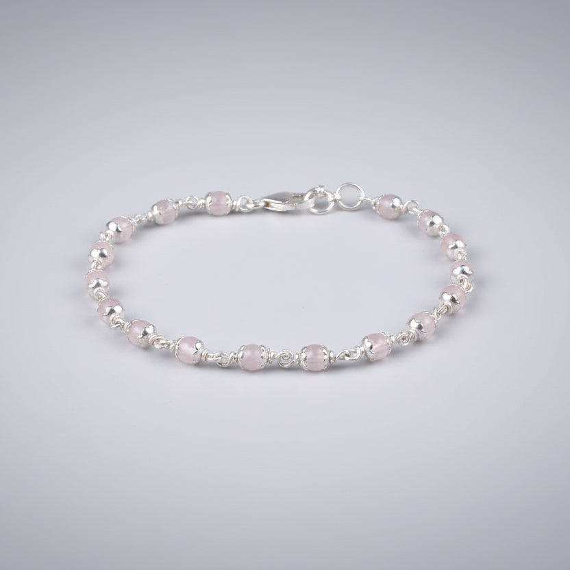 Rose Quartz 925 Silver Flower Caps Bracelet-4 mm