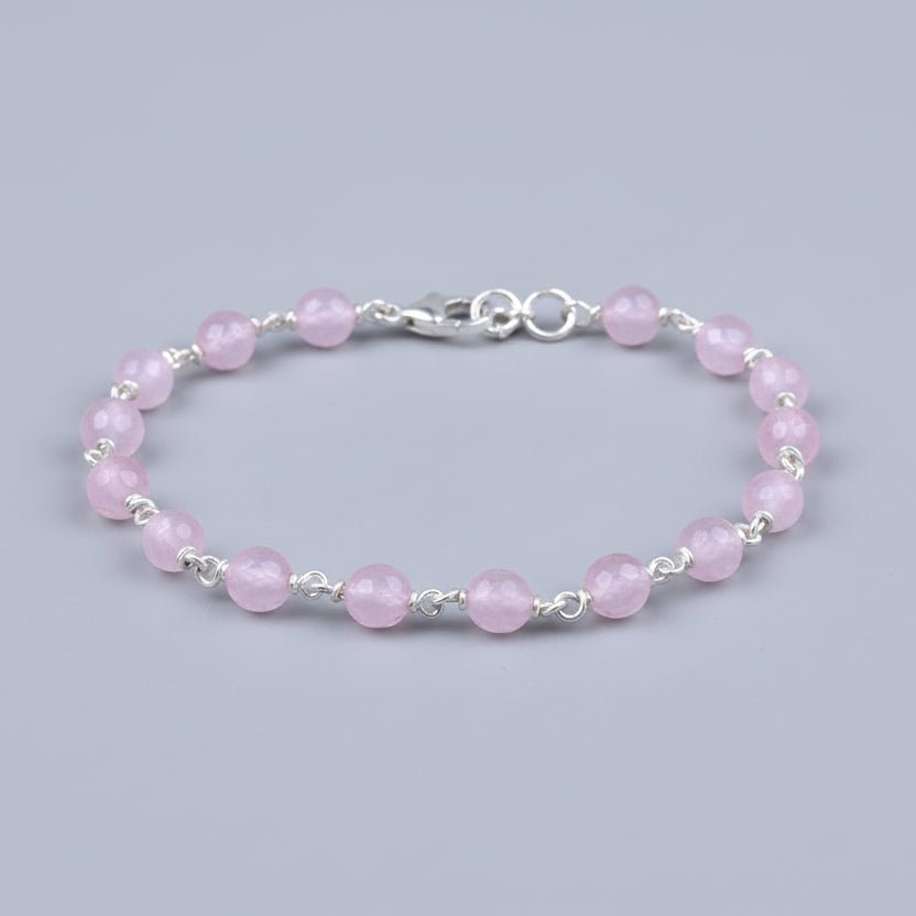 Rose Quartz Faceted 925 Silver Wire Bracelet-6 mm
