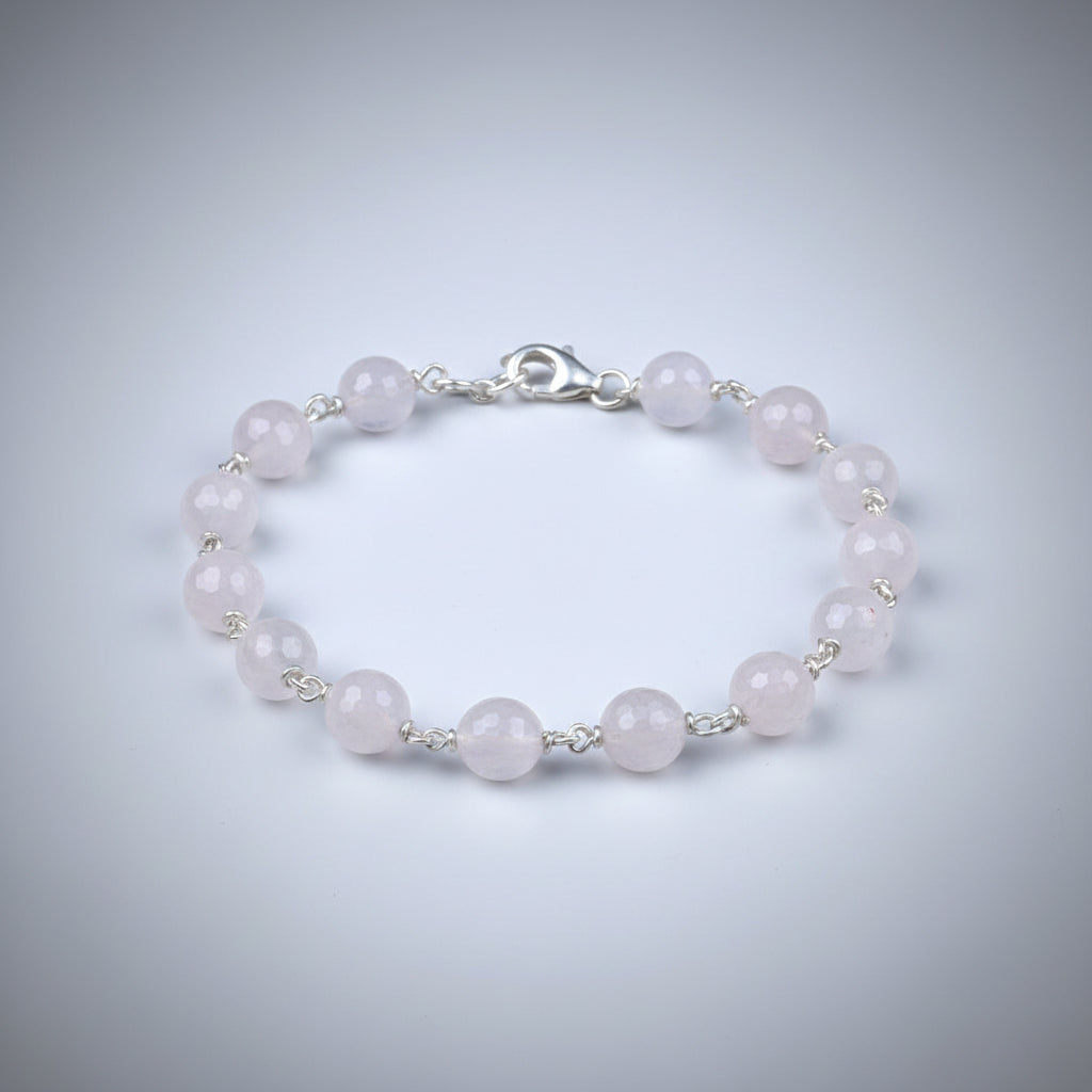 Rose Quartz Faceted 925 Silver Wire Bracelet-8 mm