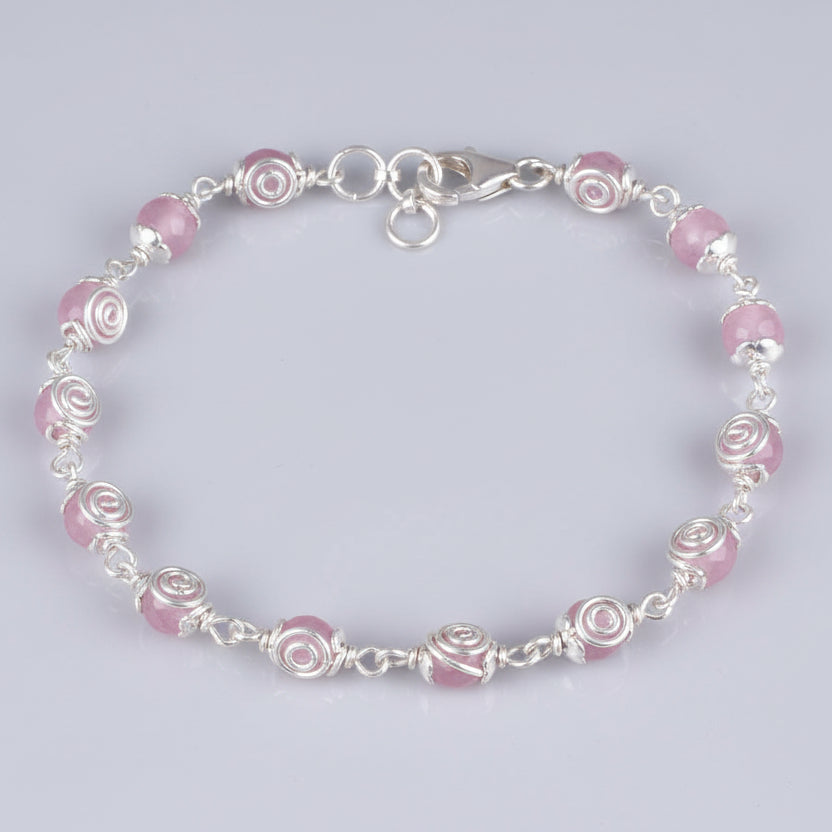 Rose Quartz Faceted 925 Silver Flower Caps Bracelet-8 mm