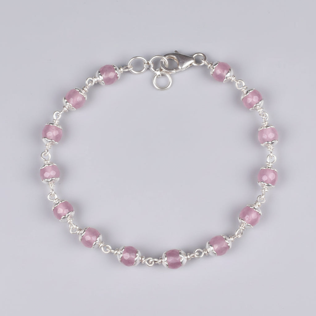 Rose Quartz Faceted 925 Silver Flower Caps Bracelet-6 mm