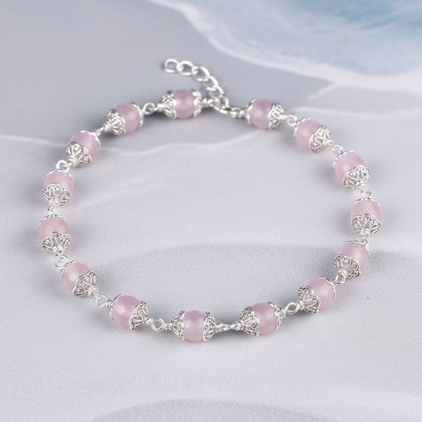 Rose Quartz Faceted 925 Silver Flower Caps Bracelet-8 mm