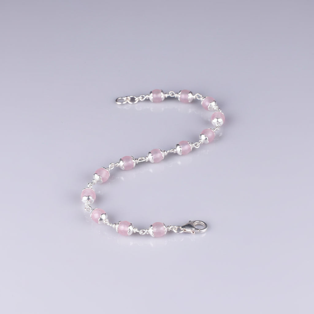 Rose Quartz Faceted 925 Silver Flower Caps Bracelet-6 mm