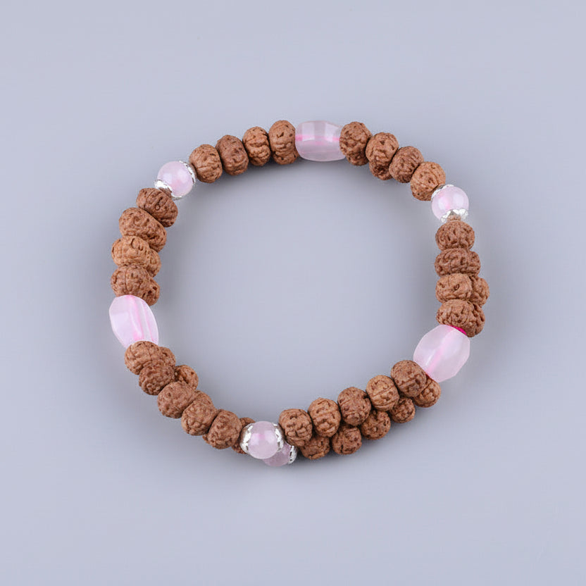 Rose Quartz & 7 Mukhi Rudraksha Double Layer Bracelet-6 mm