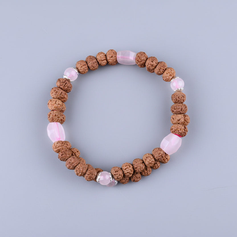 Rose Quartz & 7 Mukhi Rudraksha Double Layer Bracelet-8 mm