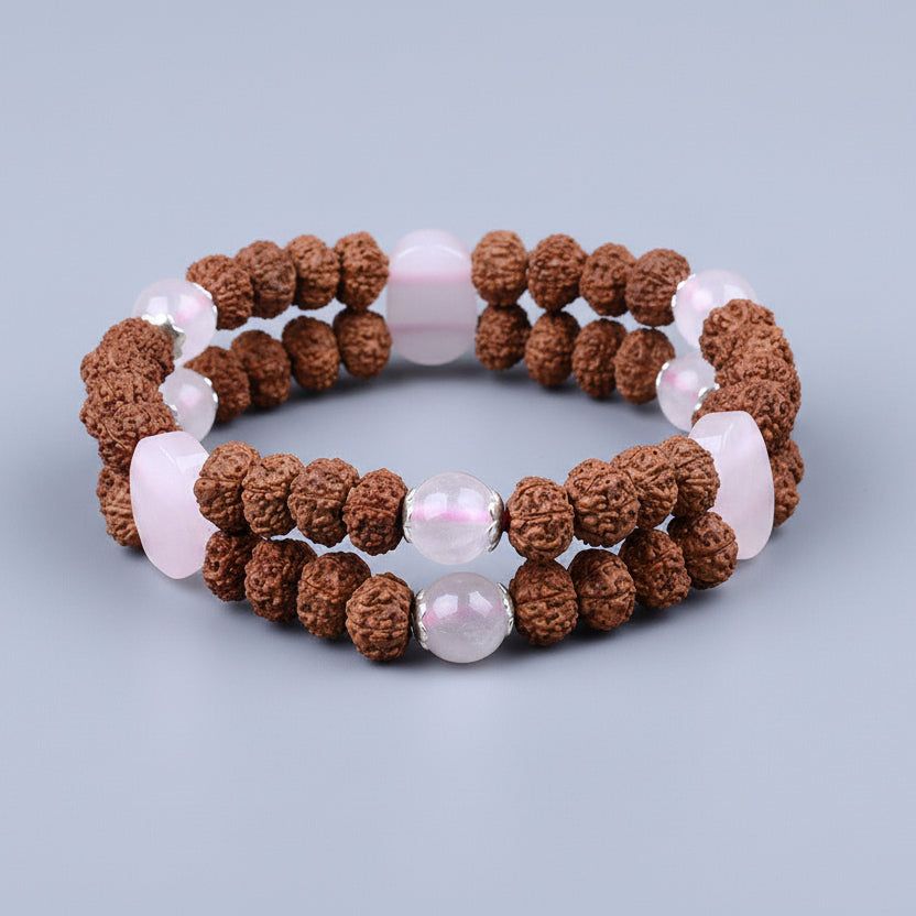 Rose Quartz & 7 Mukhi Rudraksha Double Layer Bracelet-6 mm