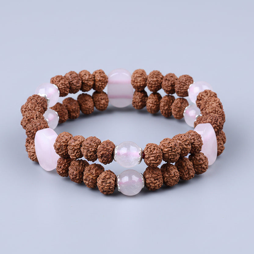 Rose Quartz & 7 Mukhi Rudraksha Double Layer Bracelet-8 mm