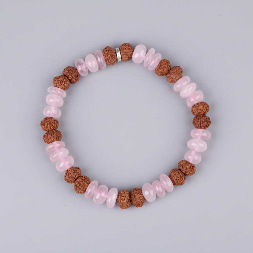 Rose Quartz Elliptical Beads & 7 Mukhi Rudraksha Bracelet-8 mm