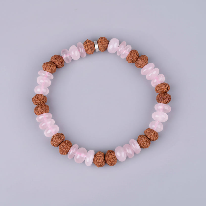 Rose Quartz Elliptical Beads & 7 Mukhi Rudraksha Bracelet-10 mm
