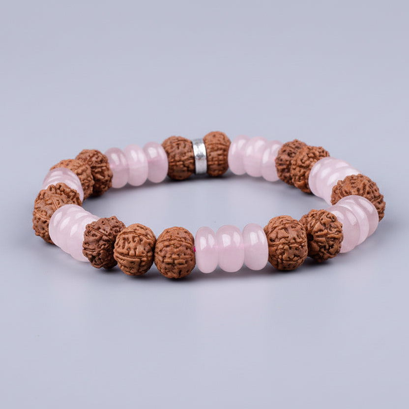 Rose Quartz Elliptical Beads & 7 Mukhi Rudraksha Bracelet-10 mm