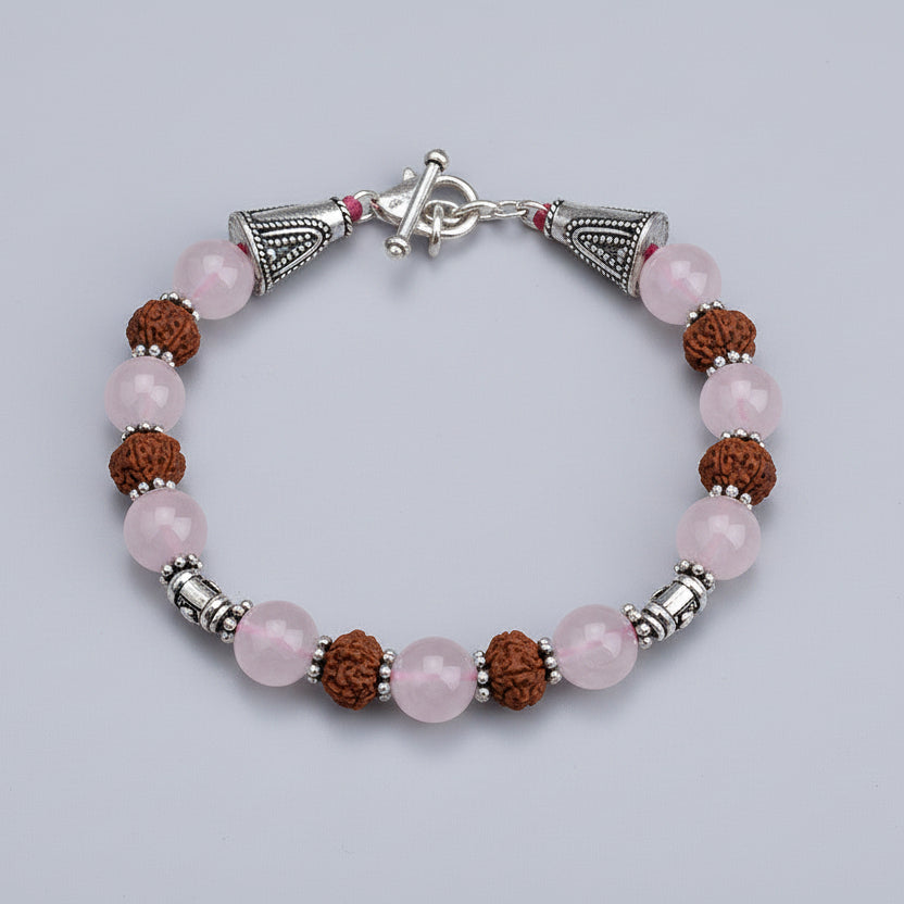 Rose Quartz & 7 Mukhi Rudraksha 2 Layers German Silver Bracelet-6 mm