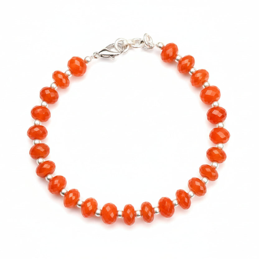 Red Carnelian Faceted Elliptical Beads German Silver Ball Bracelet