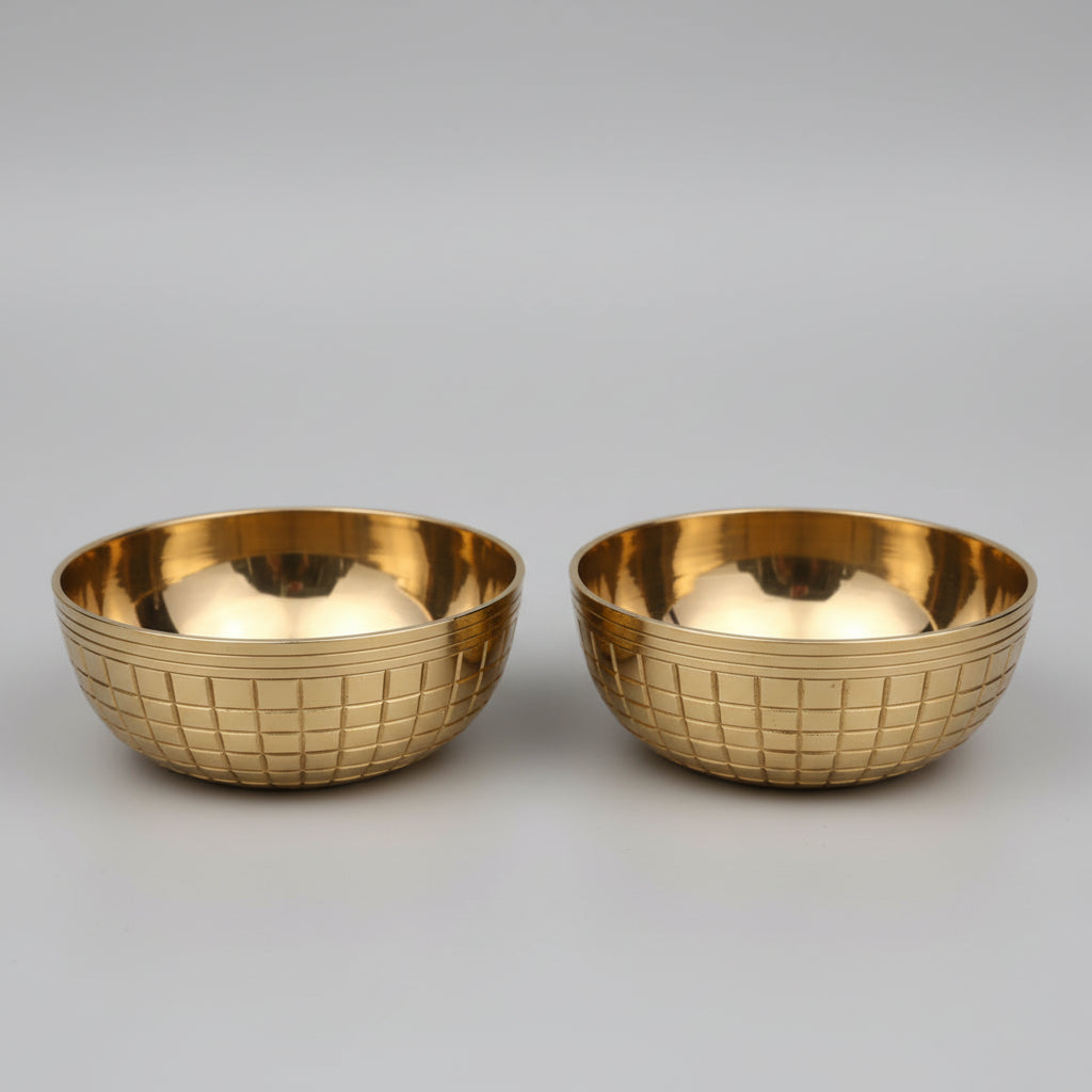 Brass Puja Katori Bowls Globe Grid Pattern For Tilak, Prasad, Akshat Rice (Set of 2)