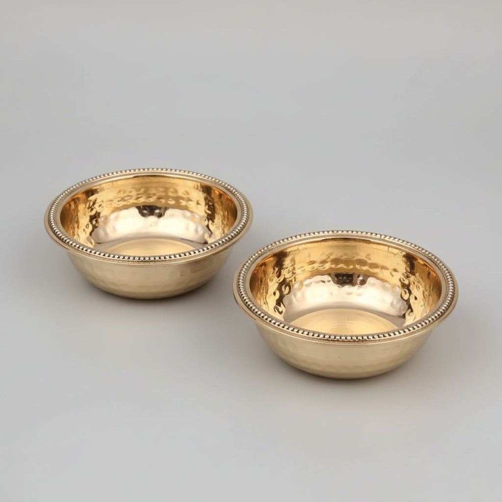 Brass Puja Katori Bowls Hammer Dots Pattern For Tilak, Prasad, Akshat Rice (Set of 2)
