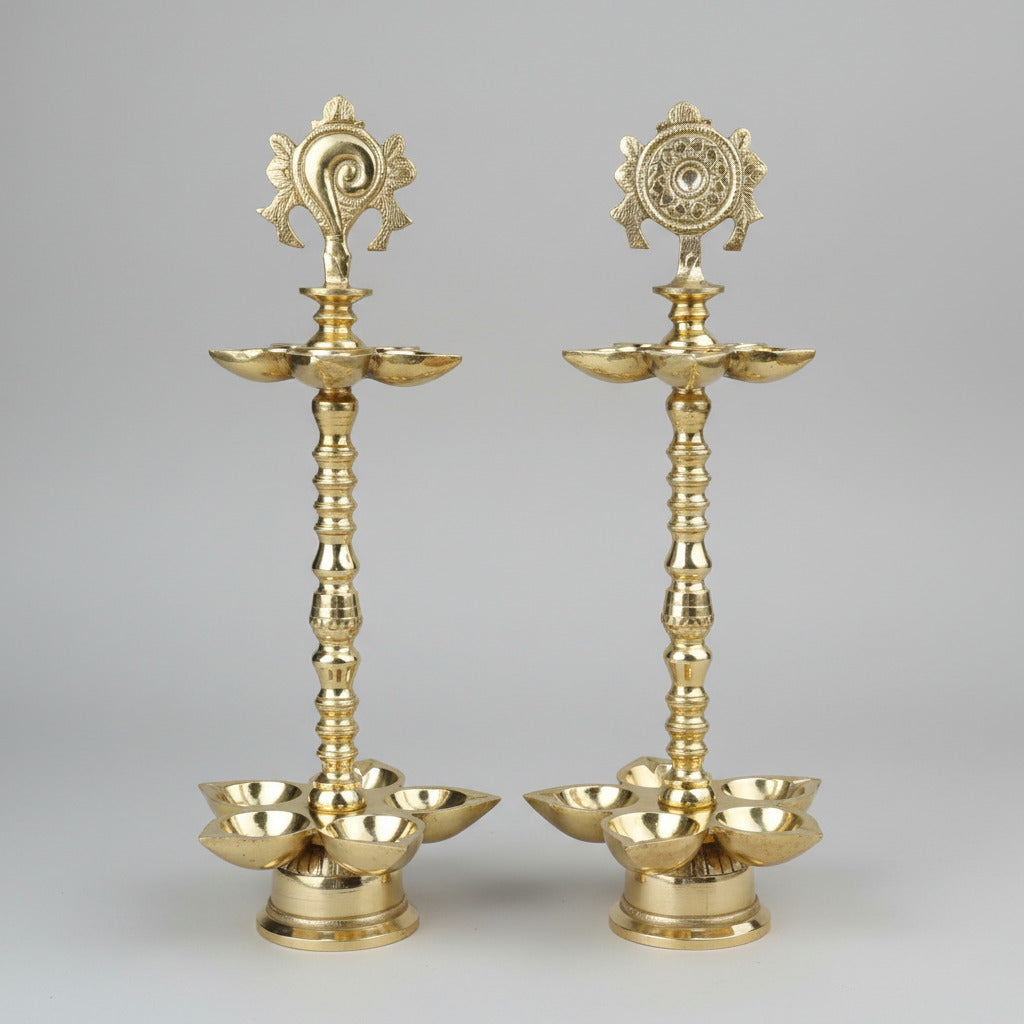 Shankhu Chakra 2 Tier Brass 10 Diyas Standing Oil Lamp Set of 2