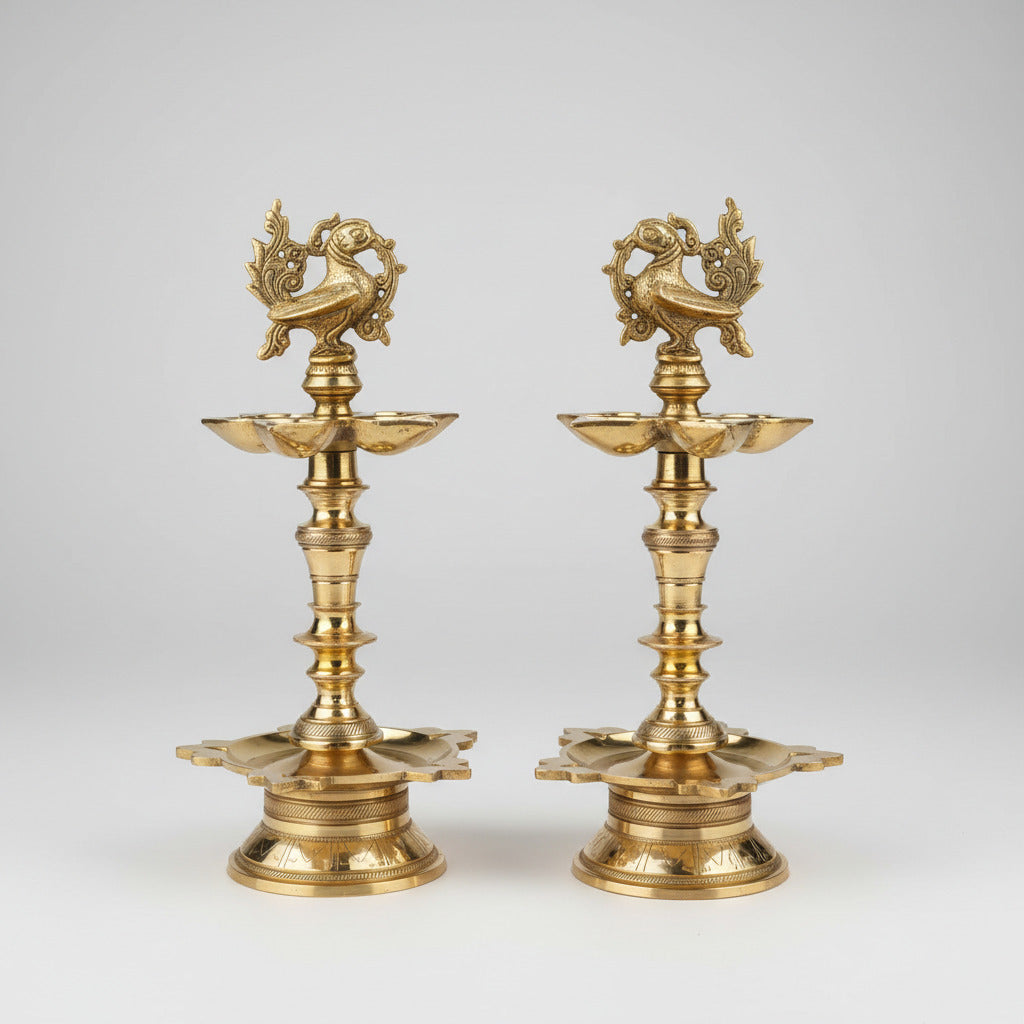 Brass Peacock 5 Diyas & Samai Standing Oil Lamp Set of 2